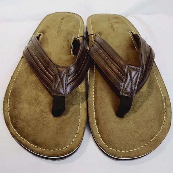 Falls Creek Adam Tan/Brown Flip Flop Faux Leather Strap Mens 10 M - Picture 1 of 13